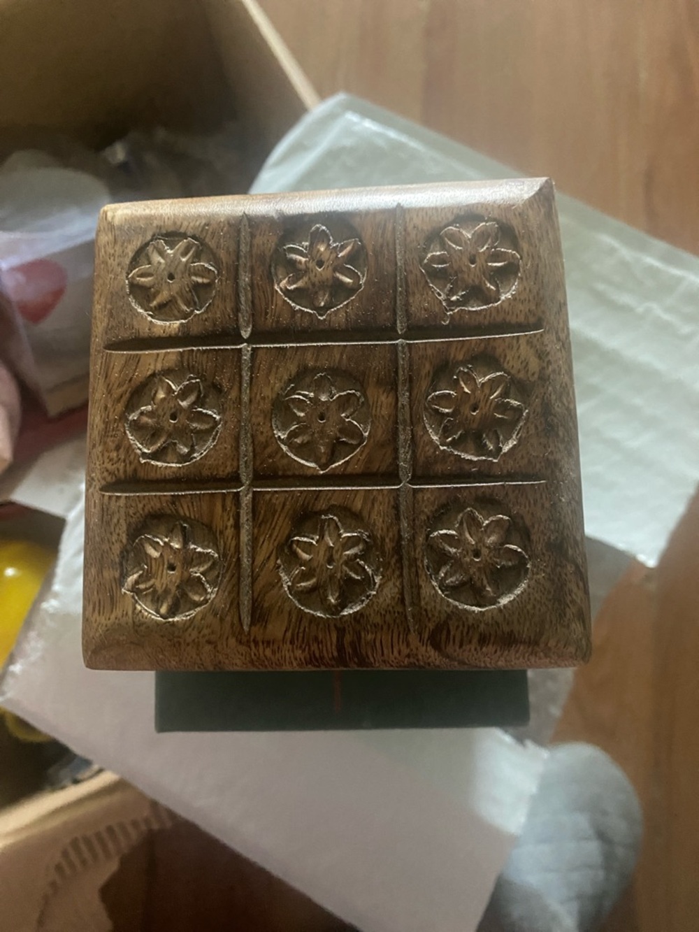 Hand-Carved Wooden Decorative Box - Brown